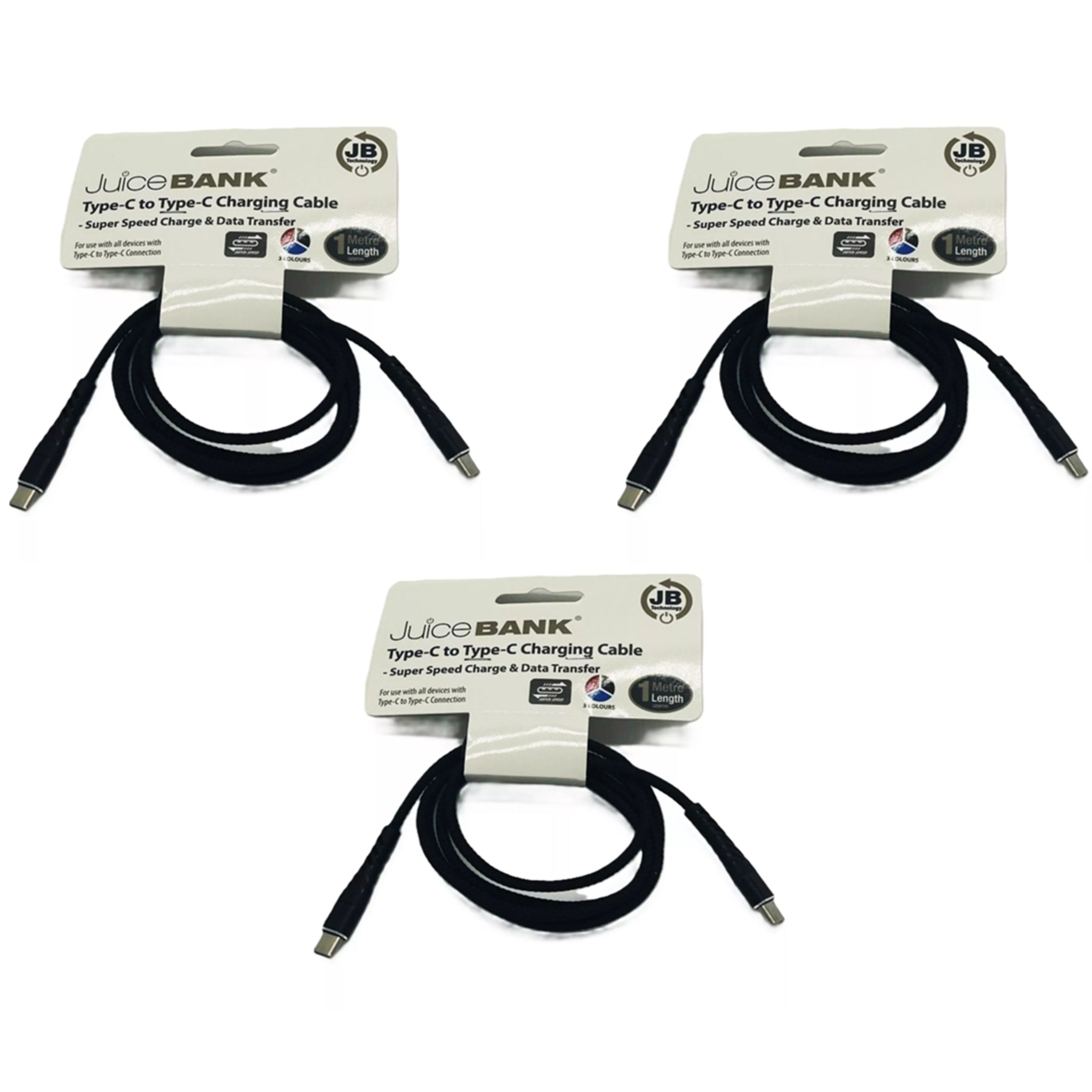 JuiceBank 3 pack USB Type-C to Type-C braided charging cables ā fast charge and data transfer for compatible Android devices, tablets, and laptops